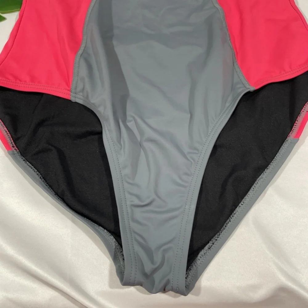 NEW Zella [ Large ] Halter‎ One Piece Swimsuit in Grey Pink Black